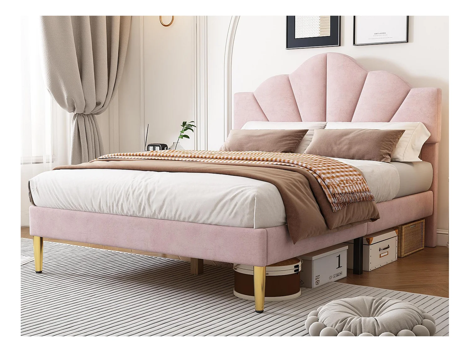 Muschelbett – 140 x 200 cm – Samt – rosa Farbe + Lattenrost