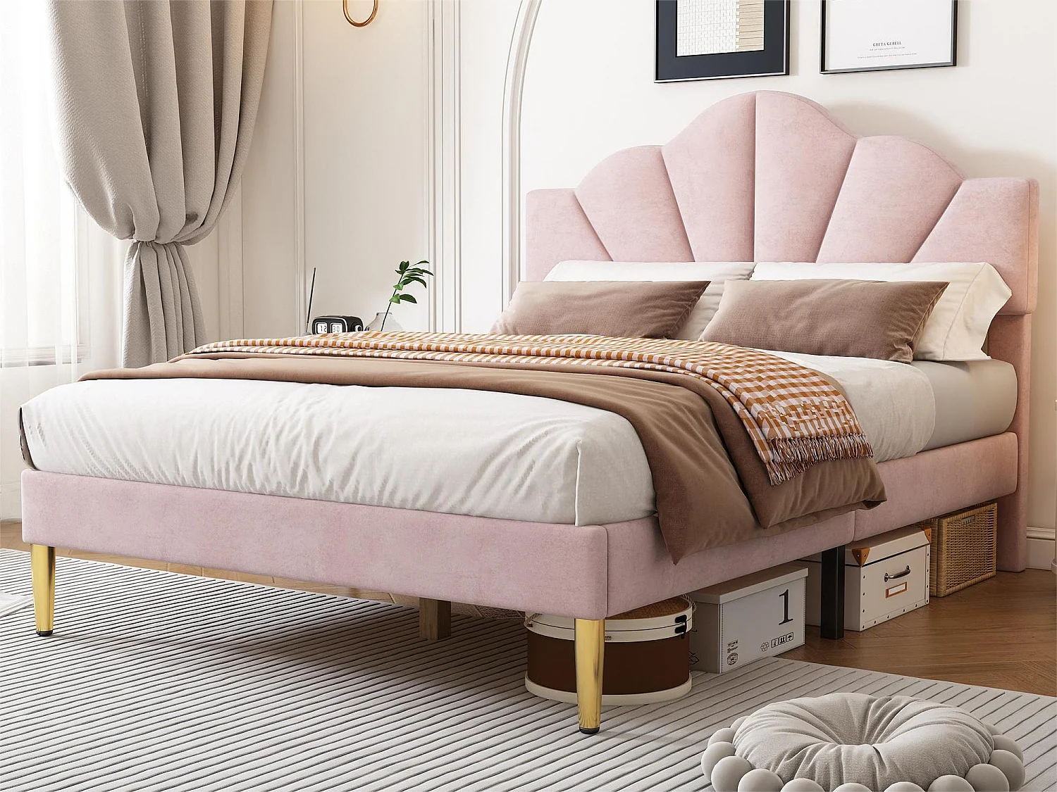 Lit coquillage - 140 x 200 cm - velours - coloris rose + sommier à lattes