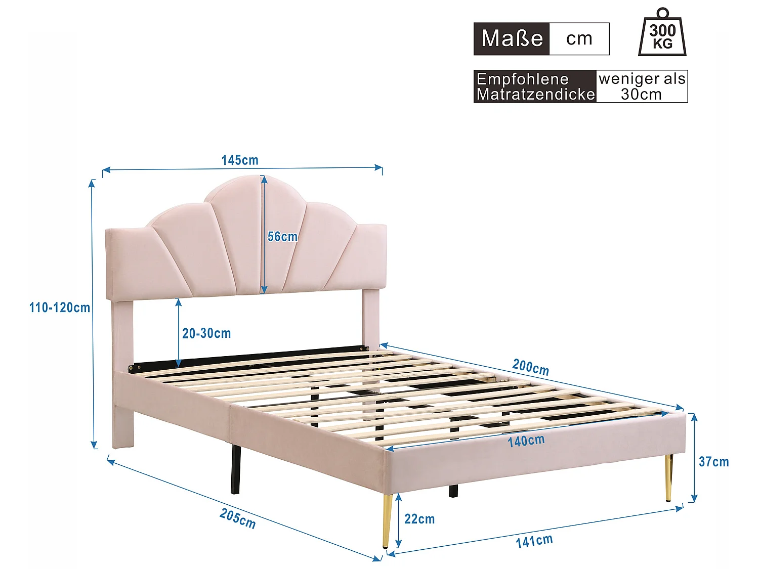 Lit coquillage - 140 x 200 cm - velours - coloris rose + sommier à lattes