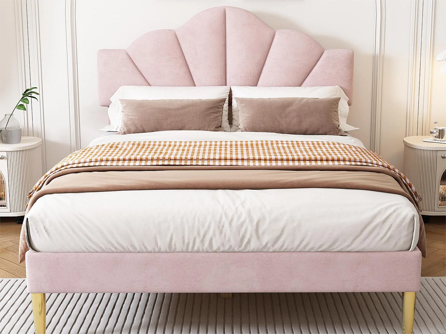 Schelpbed - 140 x 200 cm - fluweel - kleur roze + lattenbodem