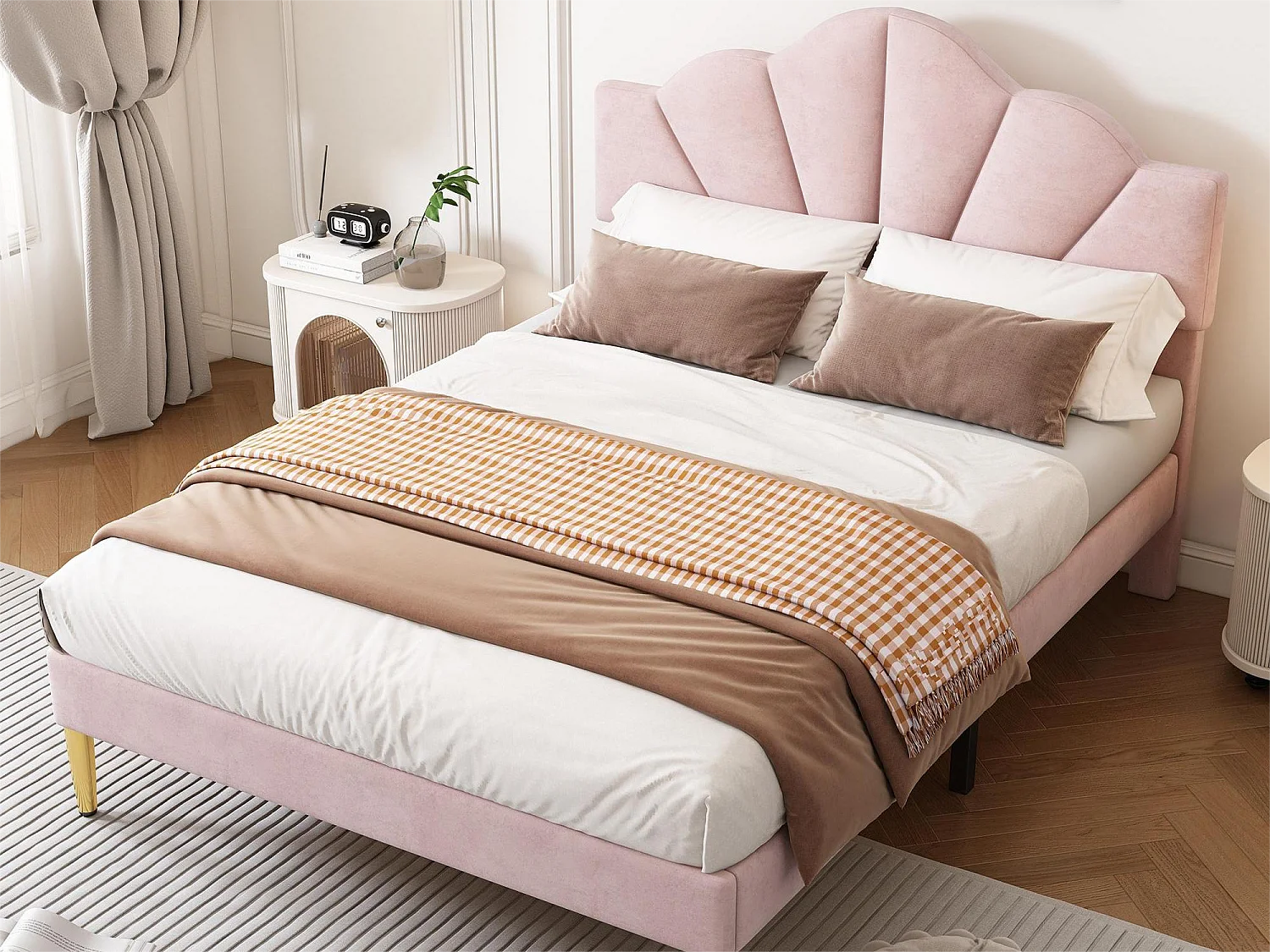 Schelpbed - 140 x 200 cm - fluweel - kleur roze + lattenbodem