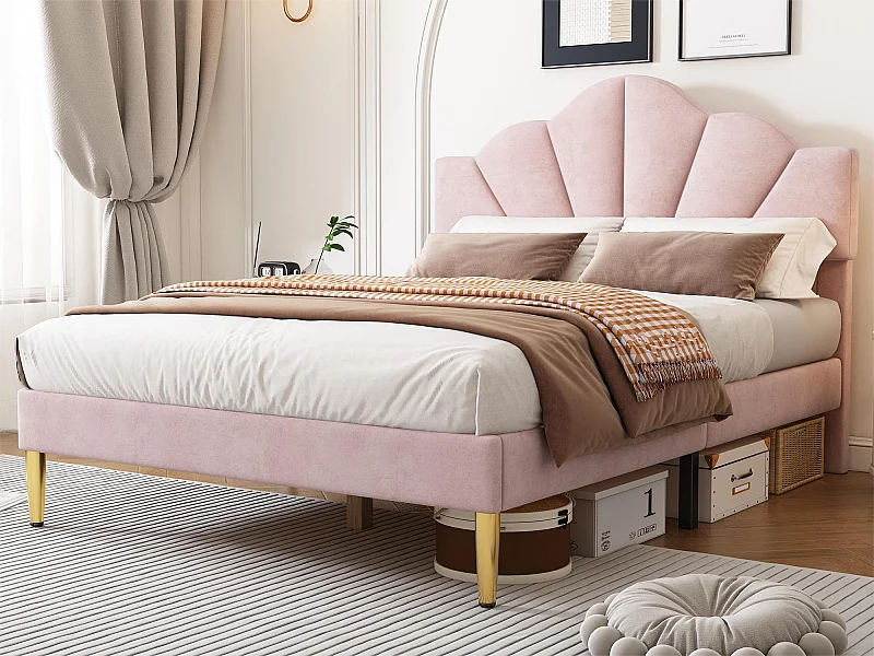 Lit coquillage - 140 x 200 cm - velours - coloris rose + sommier à lattes