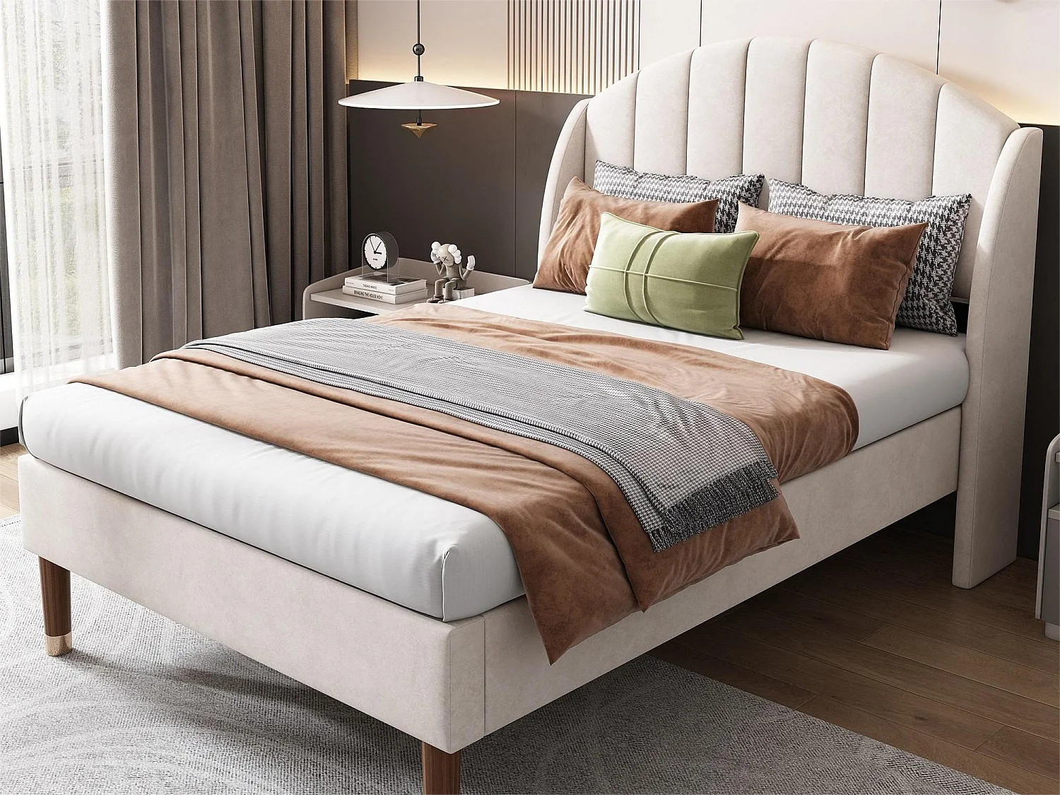 Lit 90 x 200 cm avec tête de lit coutures verticales - velours - sommier à lattes - coloris beige