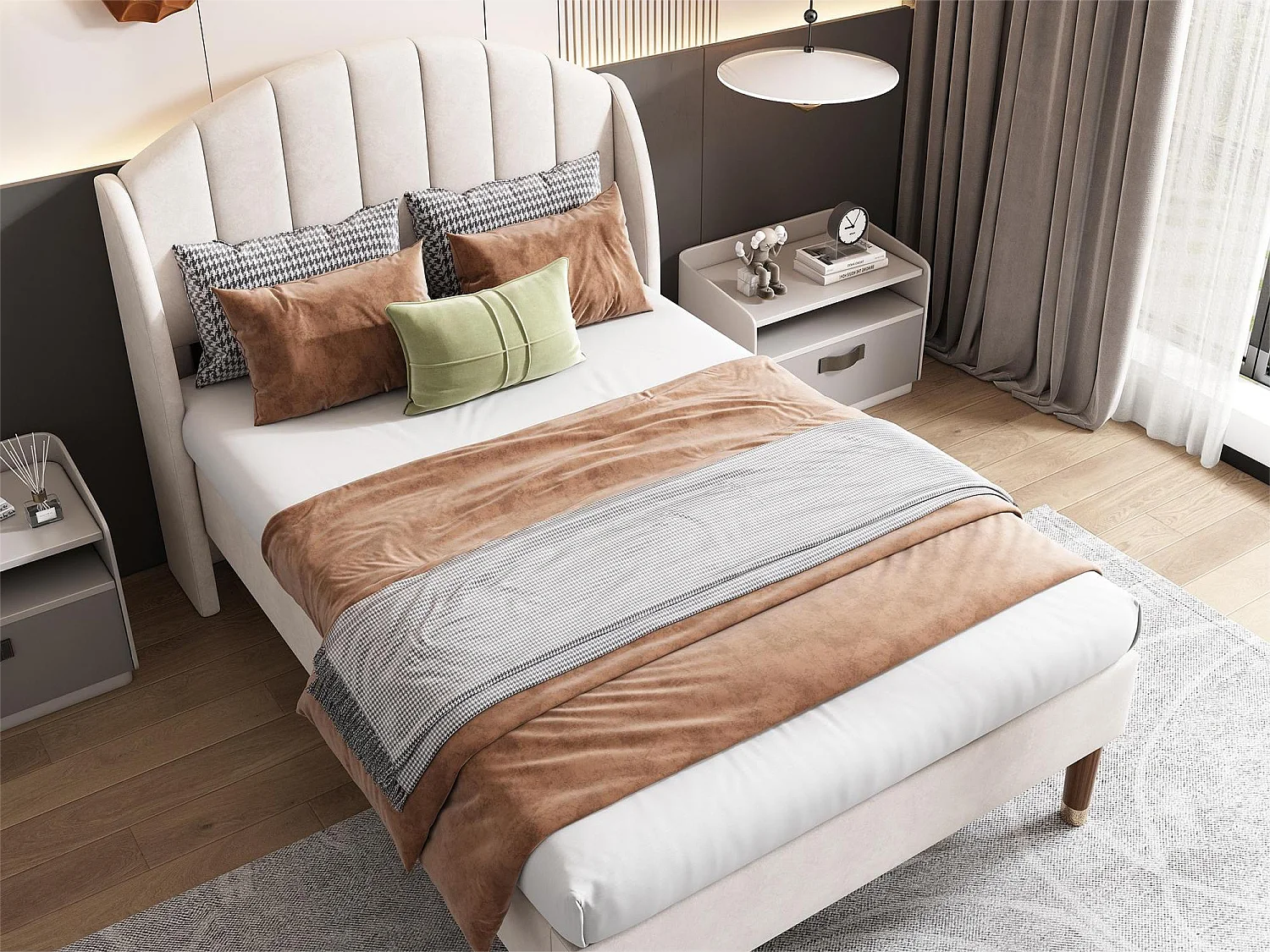 Lit 90 x 200 cm avec tête de lit coutures verticales - velours - sommier à lattes - coloris beige