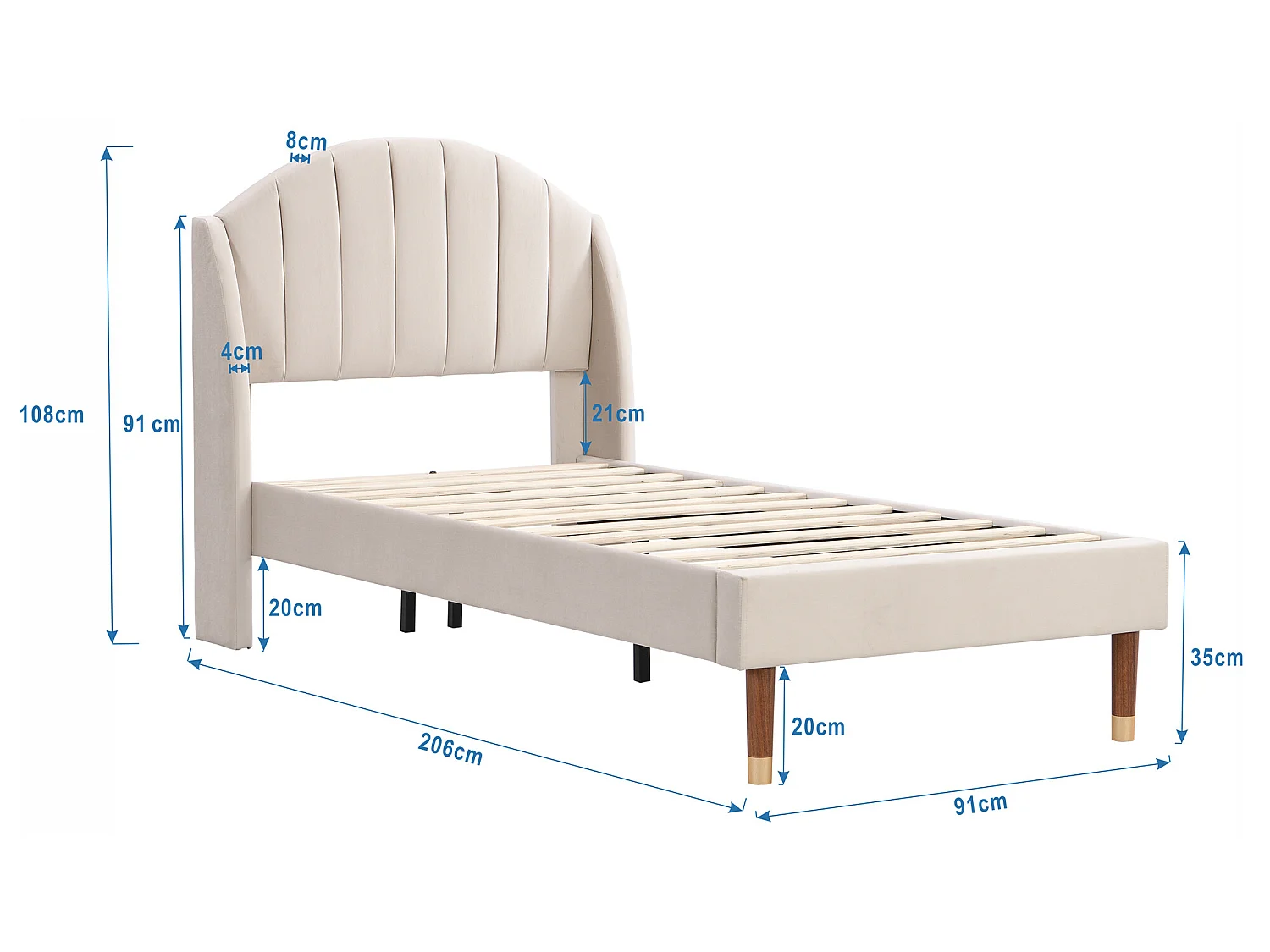 Lit 90 x 200 cm avec tête de lit coutures verticales - velours - sommier à lattes - coloris beige
