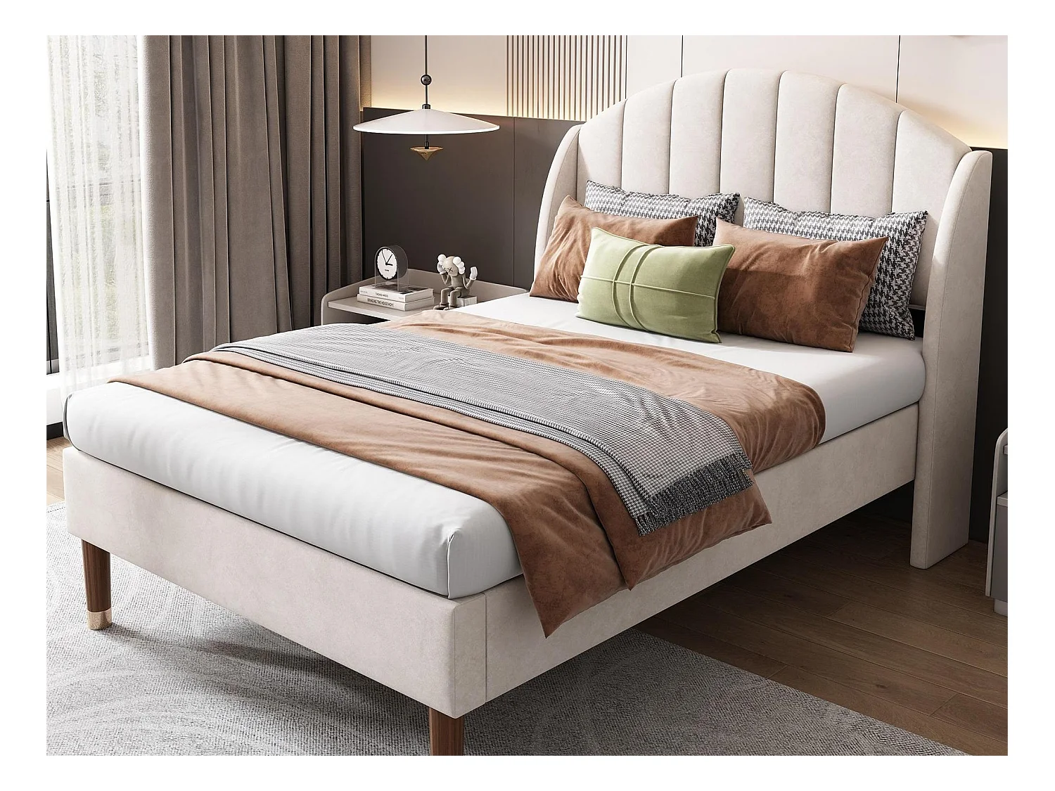 Lit 90 x 200 cm avec tête de lit coutures verticales - velours - sommier à lattes - coloris beige