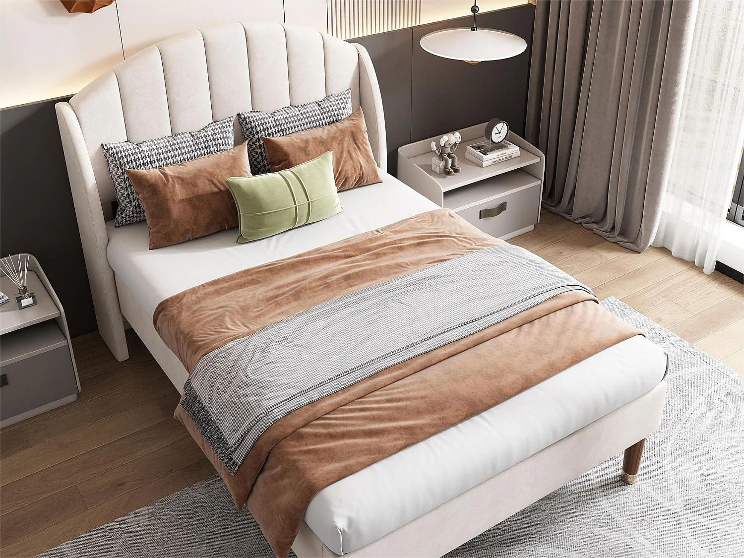 Lit 90 x 200 cm avec tête de lit coutures verticales - velours - sommier à lattes - coloris beige