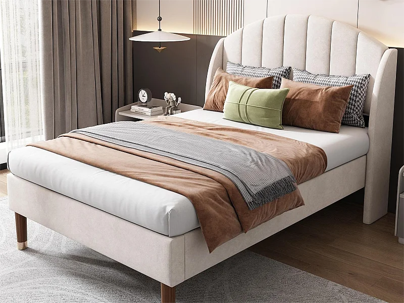 Cama de 90 x 200 cm con cabecero con costura vertical - terciopelo - somier de láminas - color beige