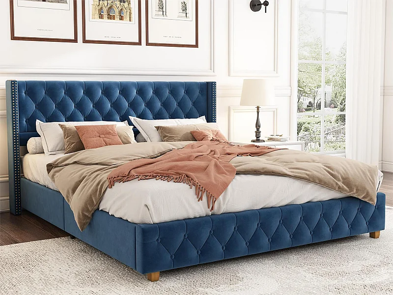 Bett mit gepolstertem Kopfteil – 160 x 200 cm – Samt – Lattenrost – blaue Farbe