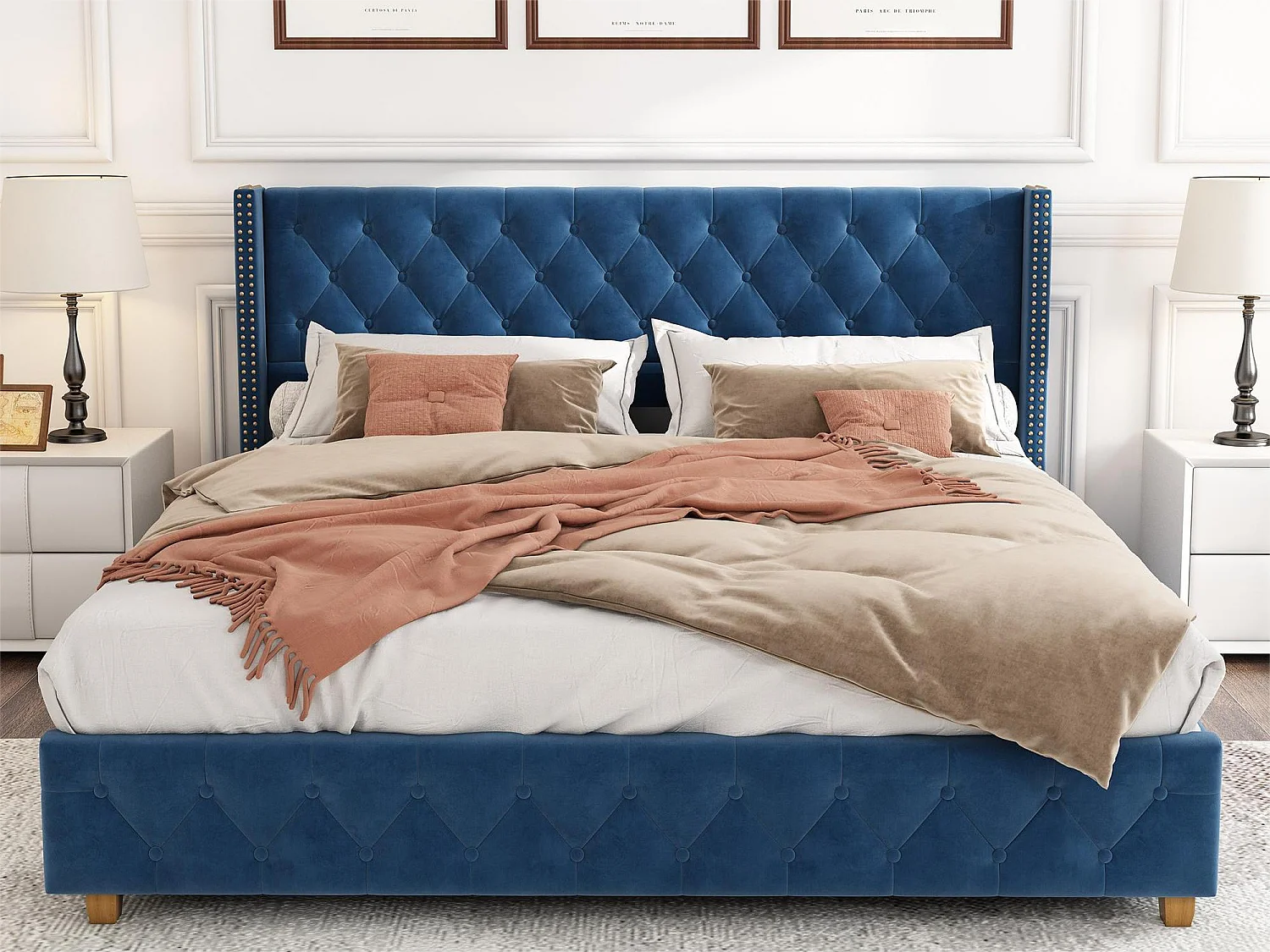 Lit avec tête de lit capitonné - 160 x 200 cm - velours - sommier à lattes - coloris bleu