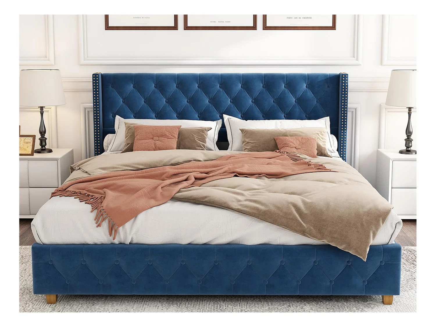 Łóżko z tapicerowanym wezgłowiem - 160 x 200 cm - aksamit - stelaż listwowy - kolor niebieski