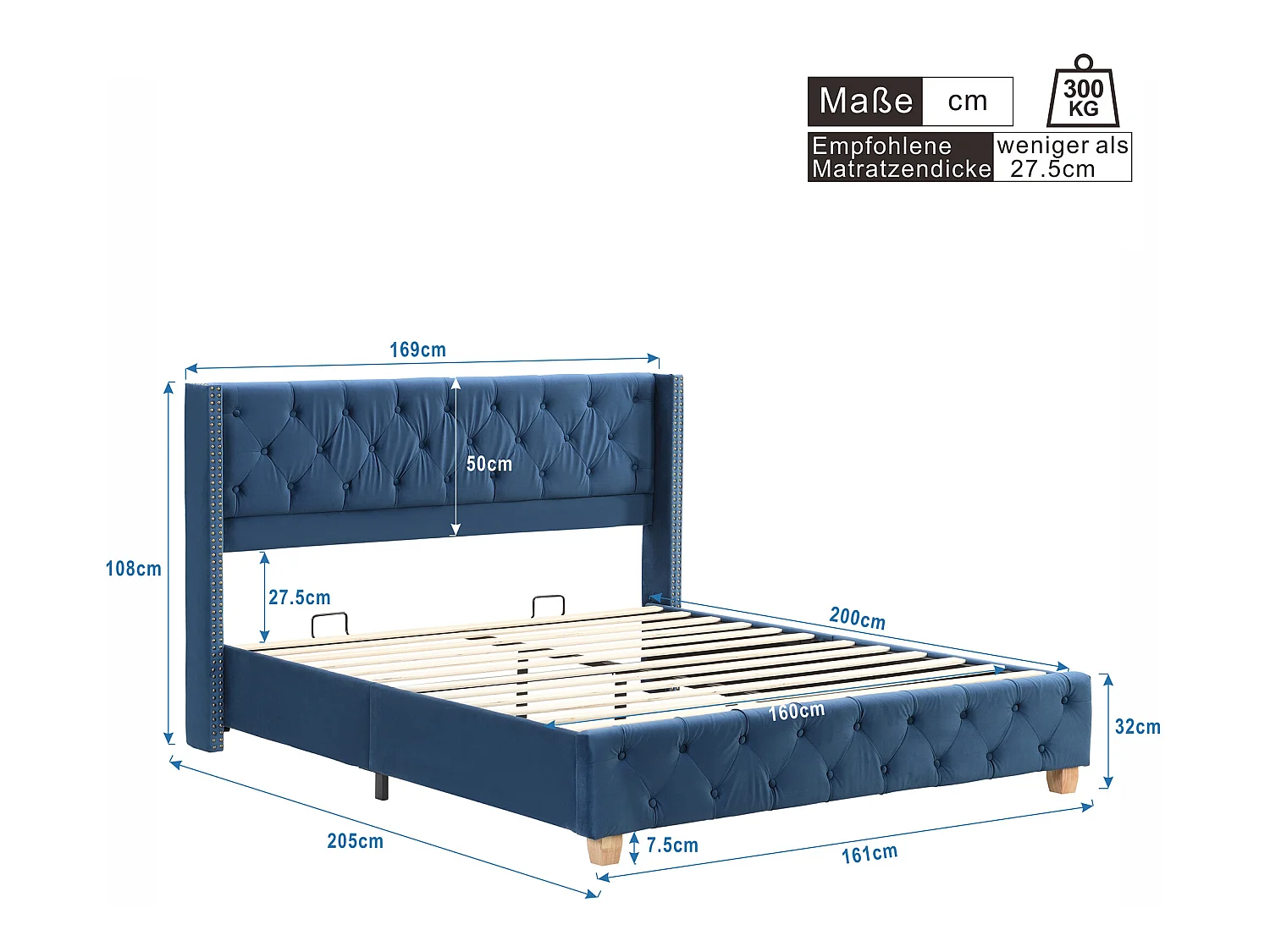 Łóżko z tapicerowanym wezgłowiem - 160 x 200 cm - aksamit - stelaż listwowy - kolor niebieski