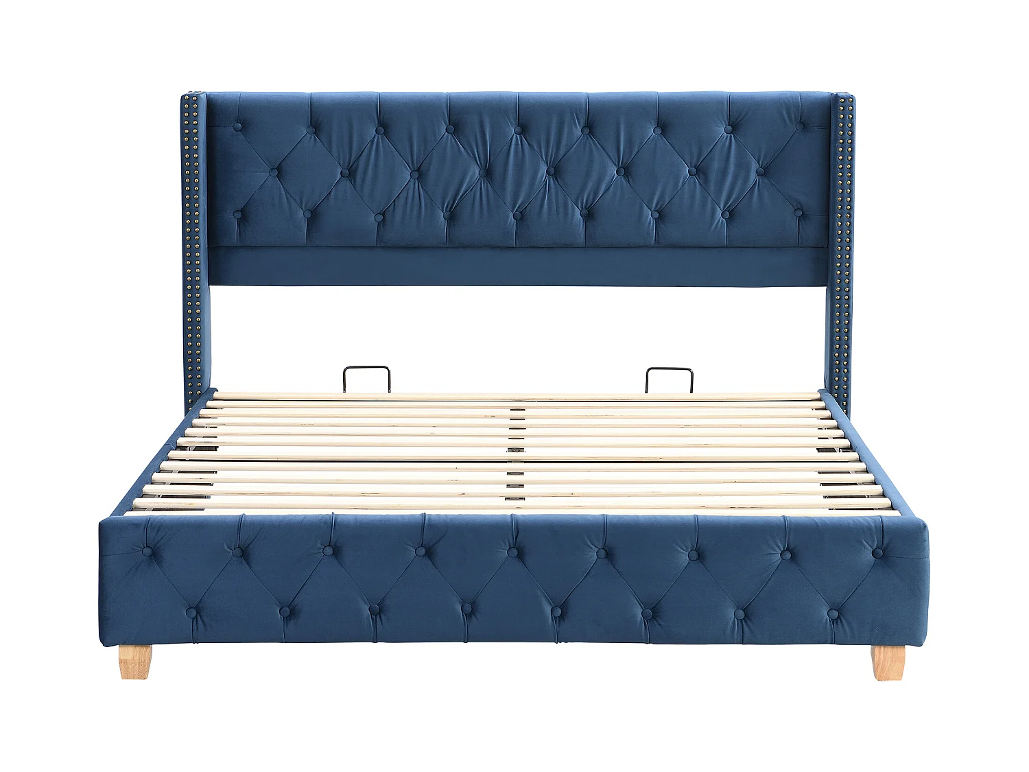 Łóżko z tapicerowanym wezgłowiem - 160 x 200 cm - aksamit - stelaż listwowy - kolor niebieski