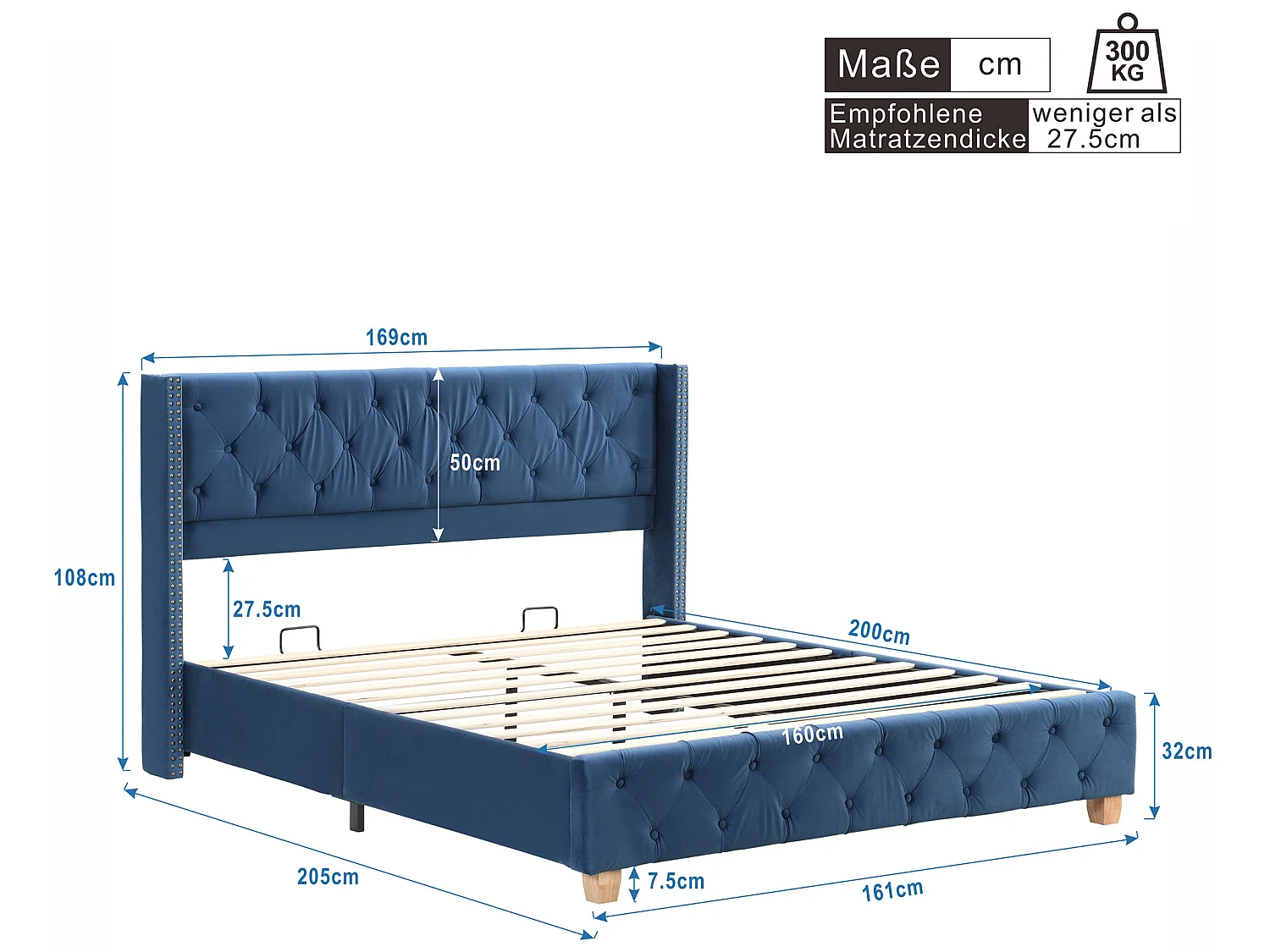 Łóżko z tapicerowanym wezgłowiem - 160 x 200 cm - aksamit - stelaż listwowy - kolor niebieski