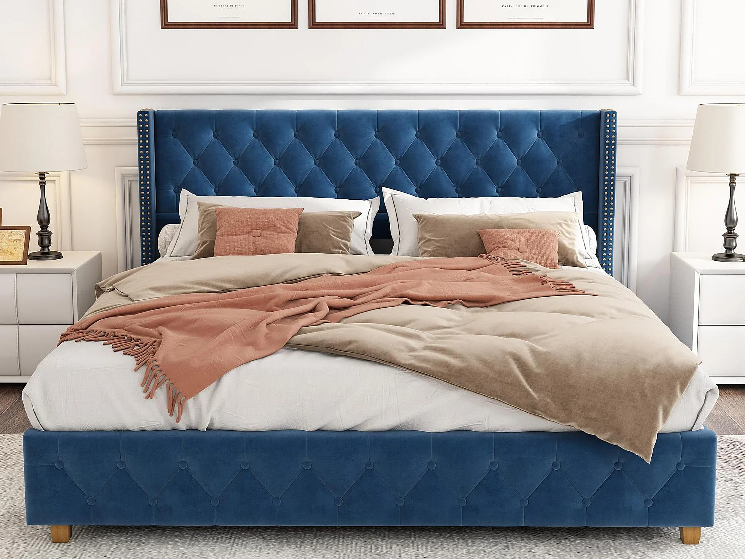 Cama com cabeceira acolchoada - 160 x 200 cm - veludo - base de ripas - cor azul