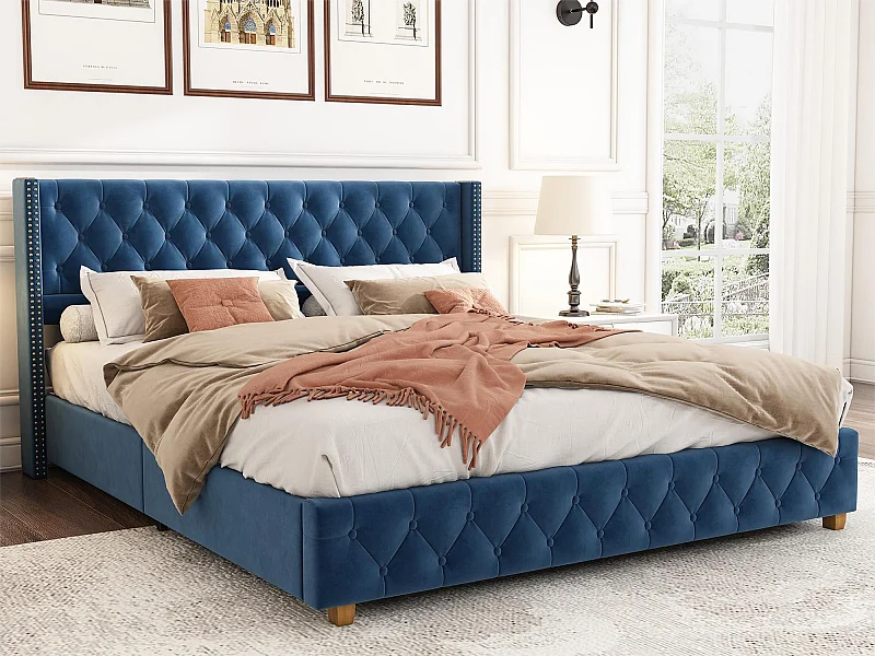 Bett mit gepolstertem Kopfteil – 160 x 200 cm – Samt – Lattenrost – blaue Farbe