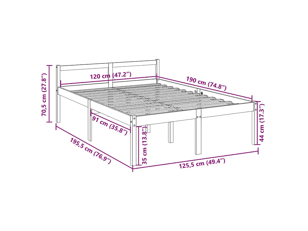 Cama de casal pequena para idosos 120x190 cm pinho maciço