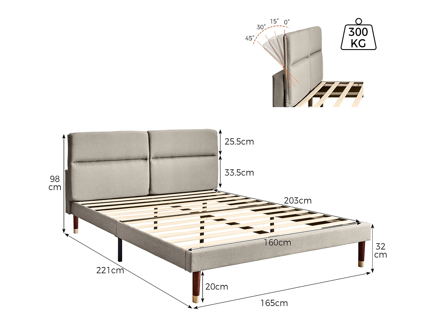 Bed met verstelbaar hoofdeinde - 160 x 200 cm - stof - kleur grijs + lattenbodem
