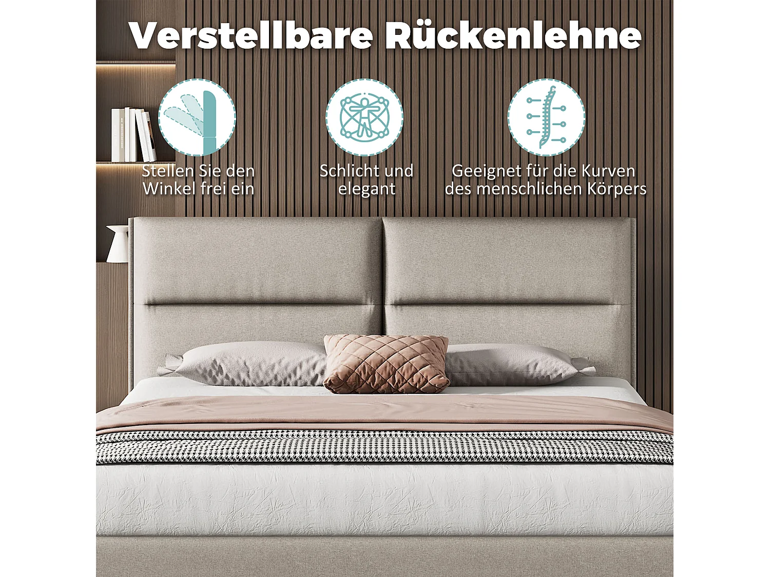 Bed met verstelbaar hoofdeinde - 160 x 200 cm - stof - kleur grijs + lattenbodem