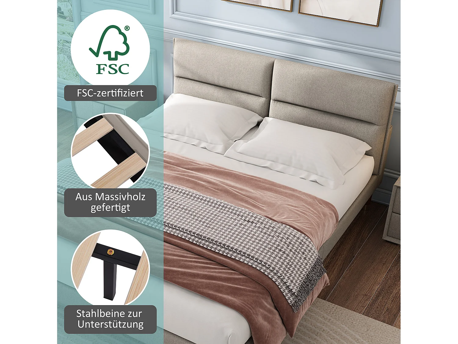 Bed met verstelbaar hoofdeinde - 160 x 200 cm - stof - kleur grijs + lattenbodem