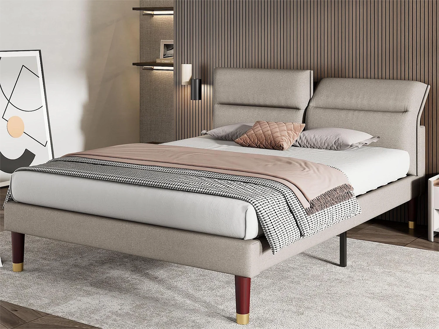 Lit avec tête de lit réglable - 160 x 200 cm - tissu - coloris gris + sommier à lattes