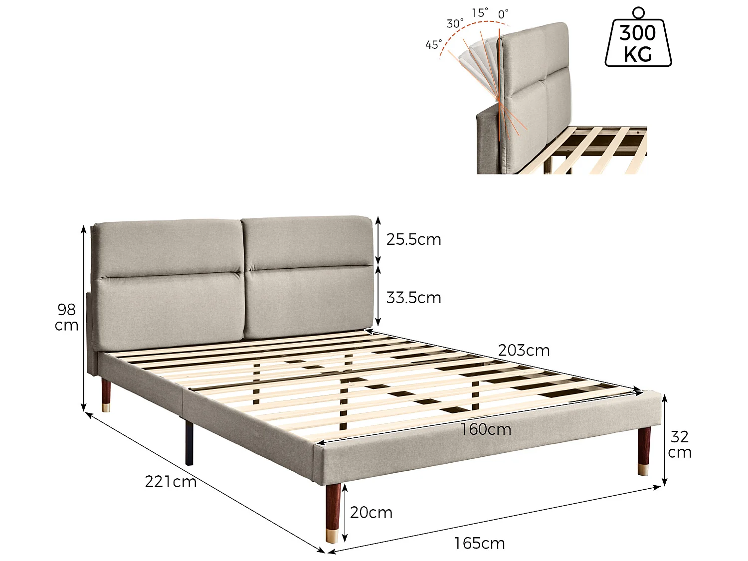 Lit avec tête de lit réglable - 160 x 200 cm - tissu - coloris gris + sommier à lattes