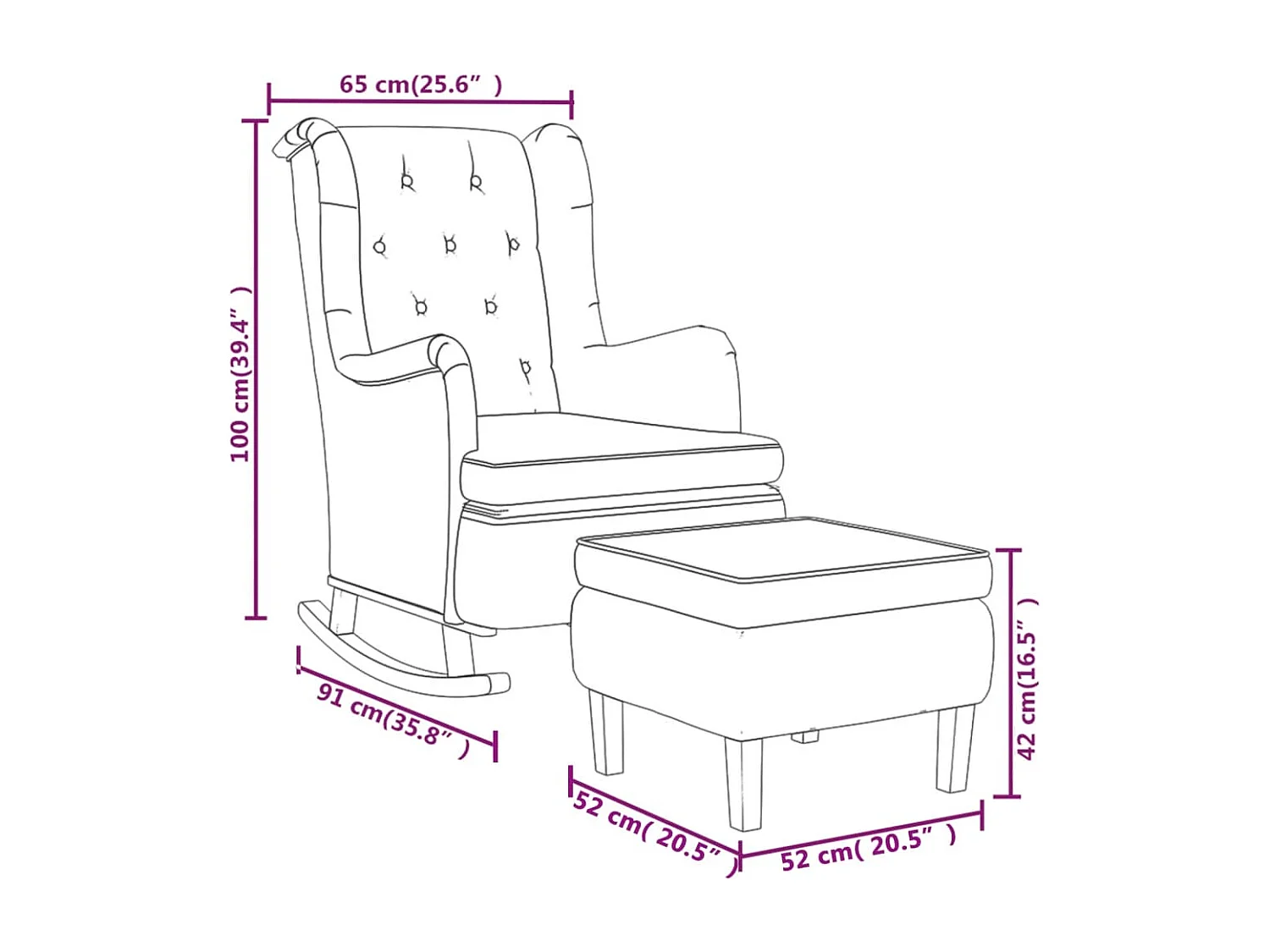 Fauteuil avec pieds à bascule et tabouret Crème Tissu