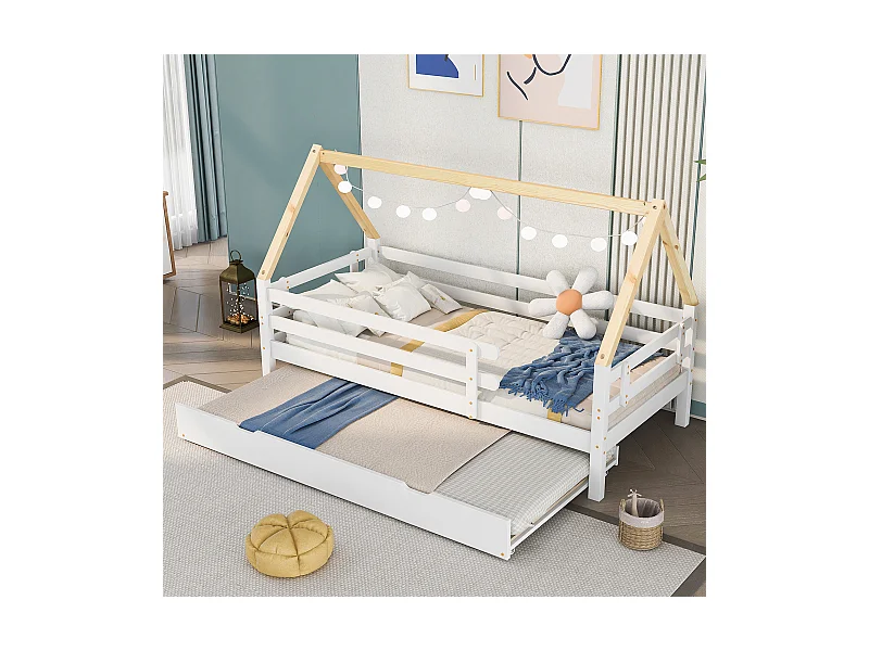 Lit cabane - 200x90 cm - avec roulettes en bas - blanc - Sweiko