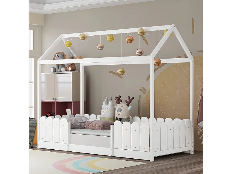 Lit cabane 90x200 cm - Avec protection antichute - Blanc - Sweiko