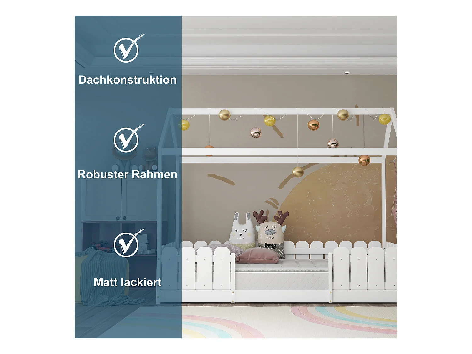 Lit cabane 90x200 cm - Avec protection antichute - Blanc - Sweiko