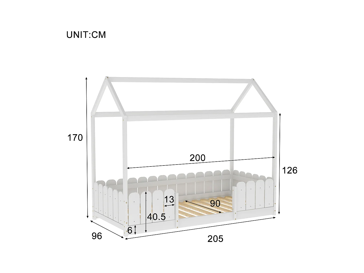 Lit cabane 90x200 cm - Avec protection antichute - Blanc - Sweiko