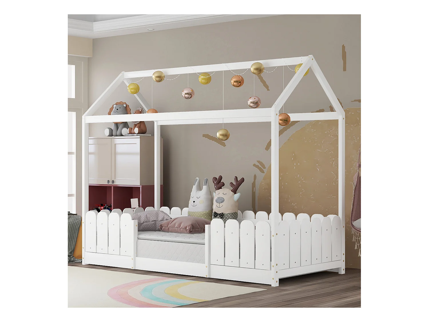 Lit cabane 90x200 cm - Avec protection antichute - Blanc - Sweiko