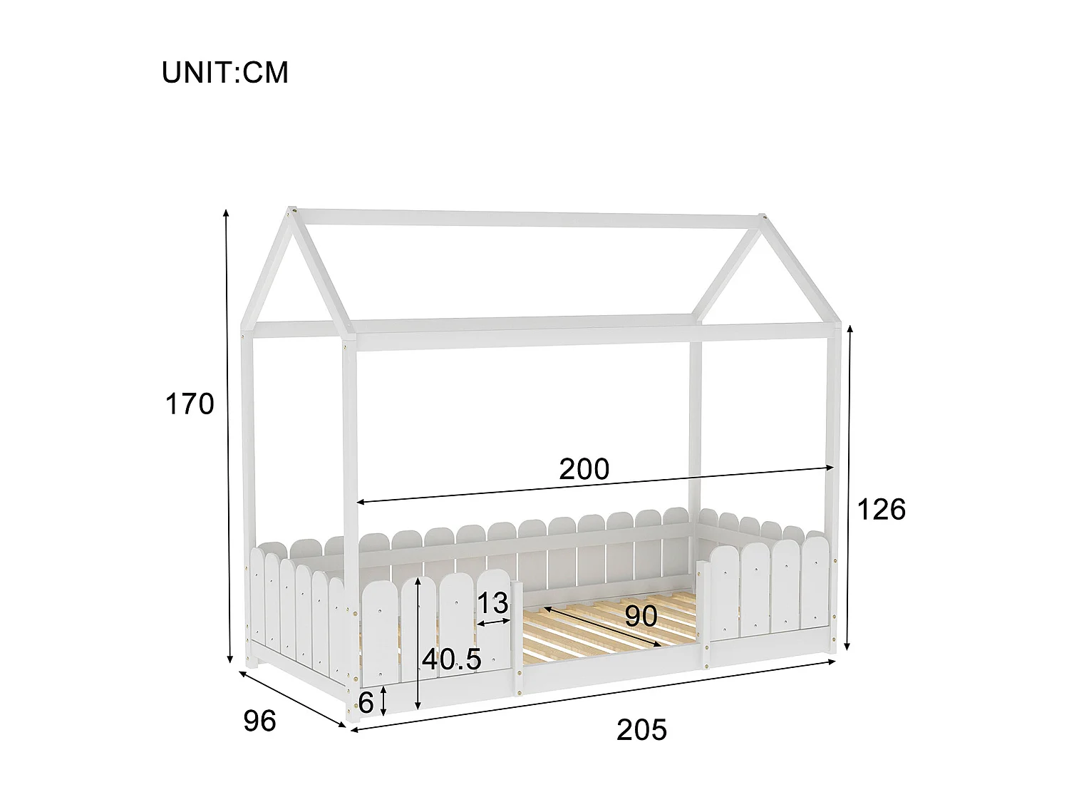 Lit cabane 90x200 cm - Avec protection antichute - Blanc - Sweiko
