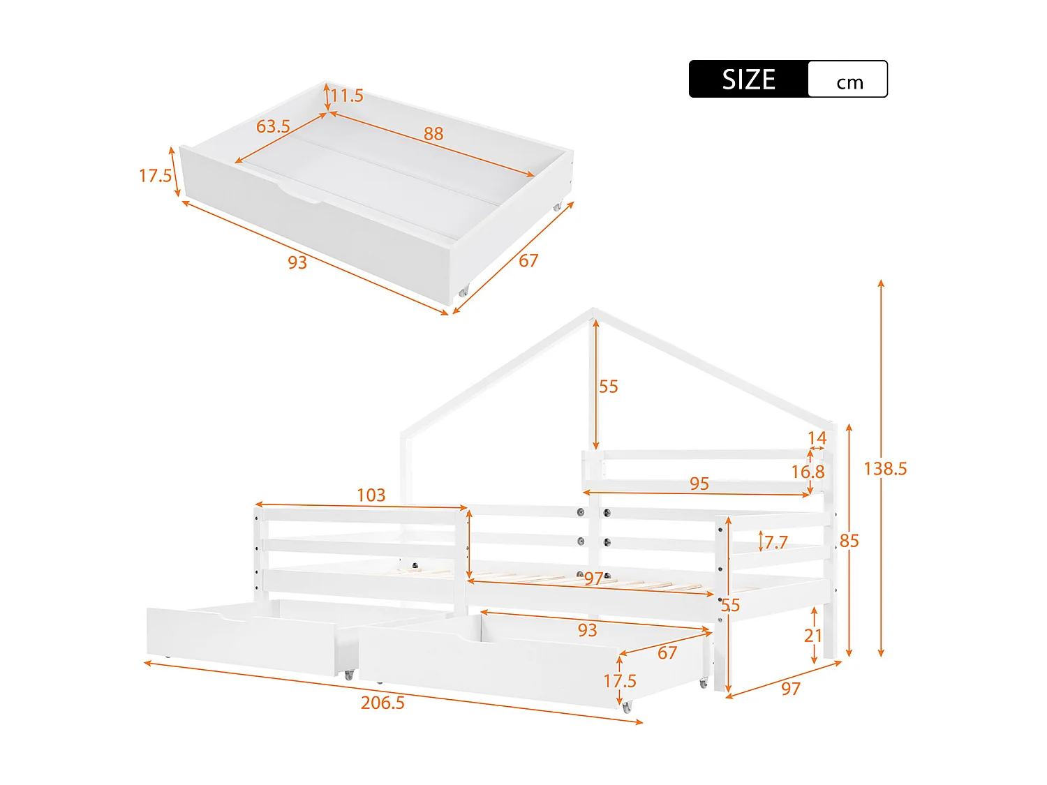 Lit cabane avec tablette de rangement - 90x200 cm - blanc - Sweiko