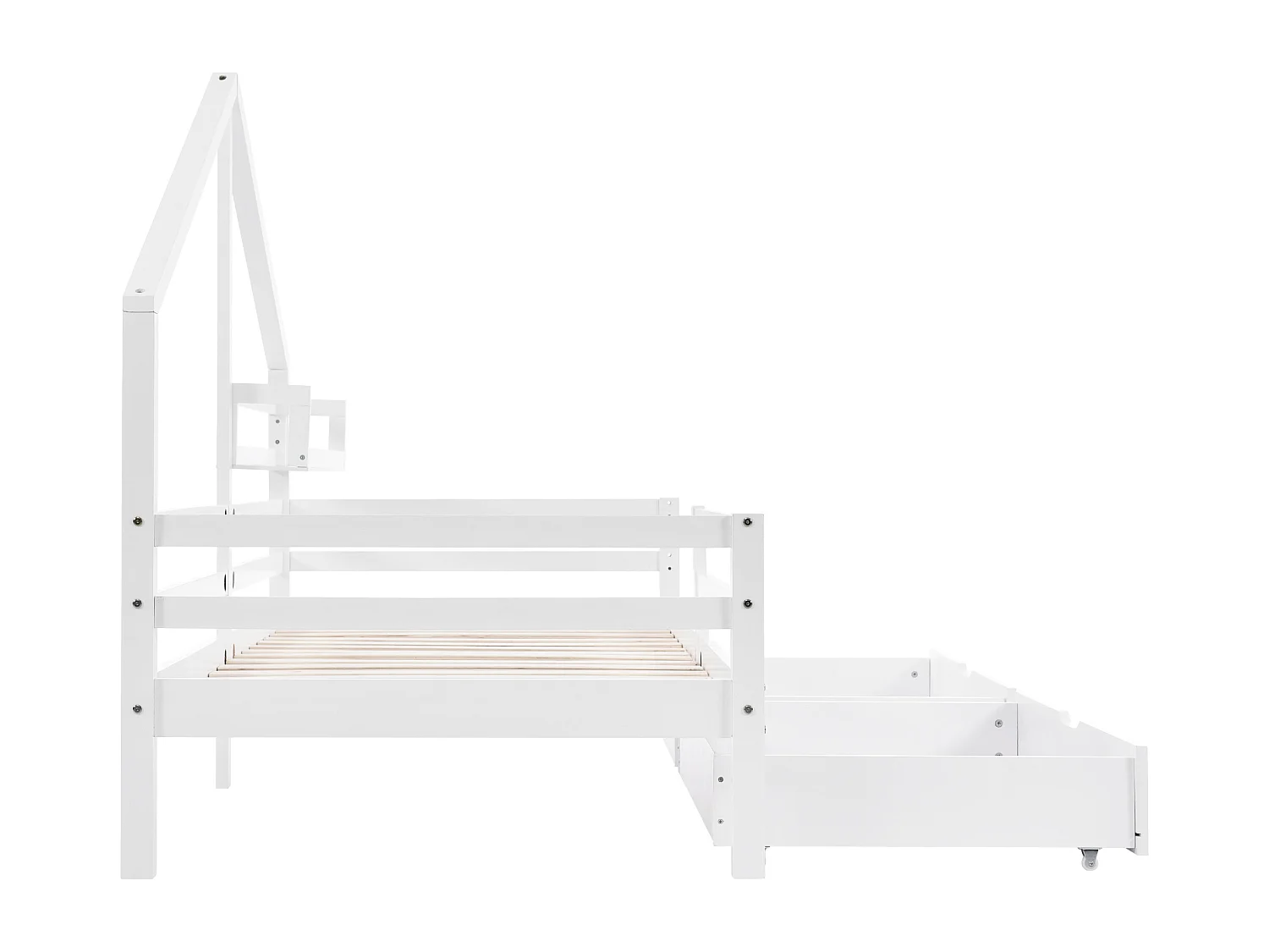 Lit cabane avec tablette de rangement - 90x200 cm - blanc - Sweiko