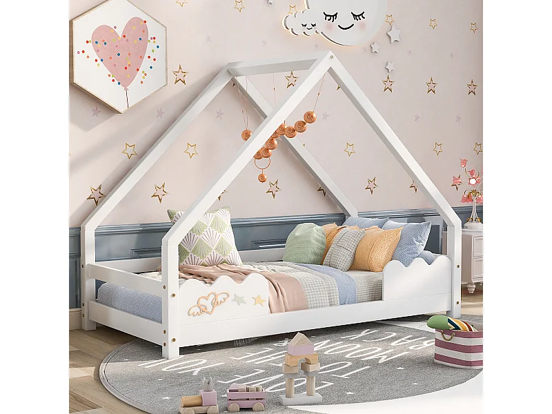 Lit cabane 80x160 cm avec protection - blanc - Sweiko