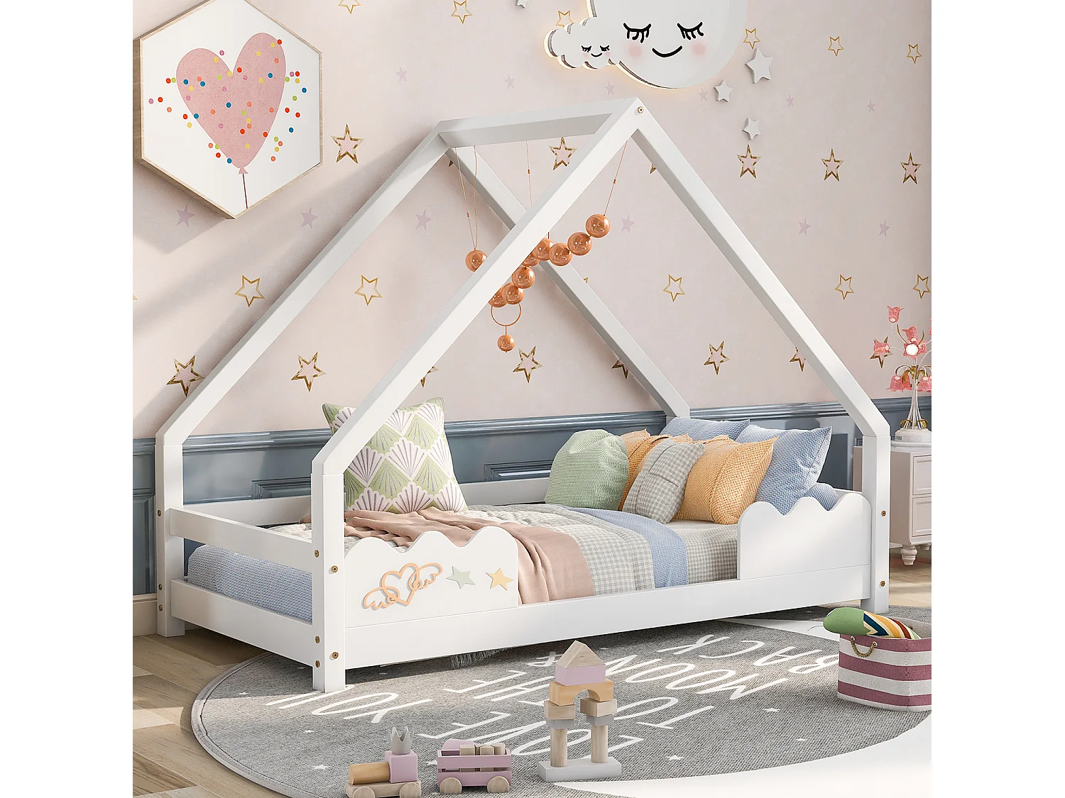 Lit cabane 80x160 cm avec protection - blanc - Sweiko