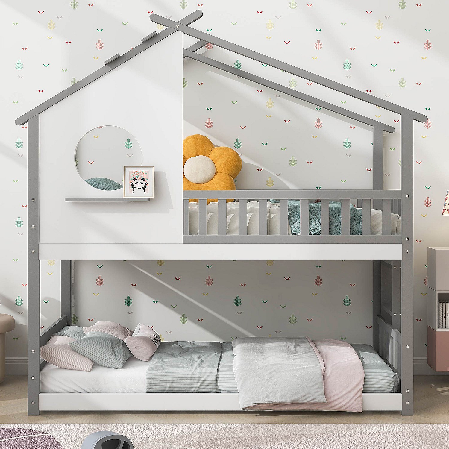 Lit cabane avec barrière et matelas - 90x200cm - Gris
