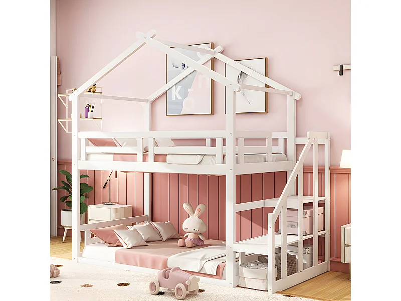 Lit cabane - 90x200 cm - avec escalier de sécurité - blanc - Sweiko