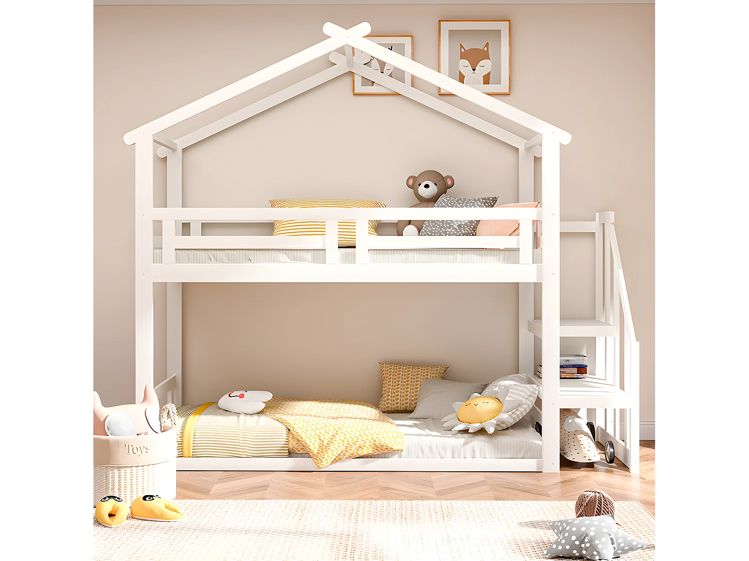 Lit cabane - 90x200 cm - avec escalier de sécurité - blanc - Sweiko