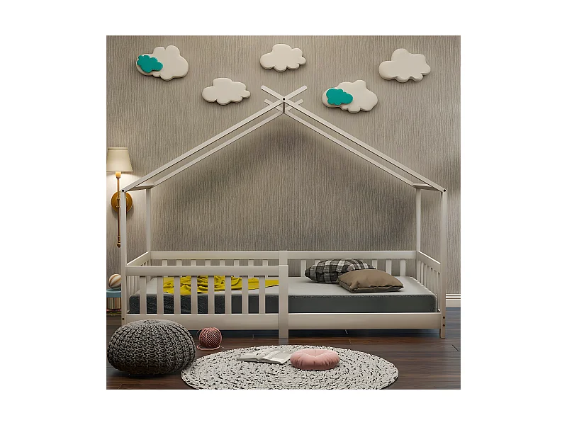 Lit cabane avec grille - Blanc 200x90 cm - Sweiko