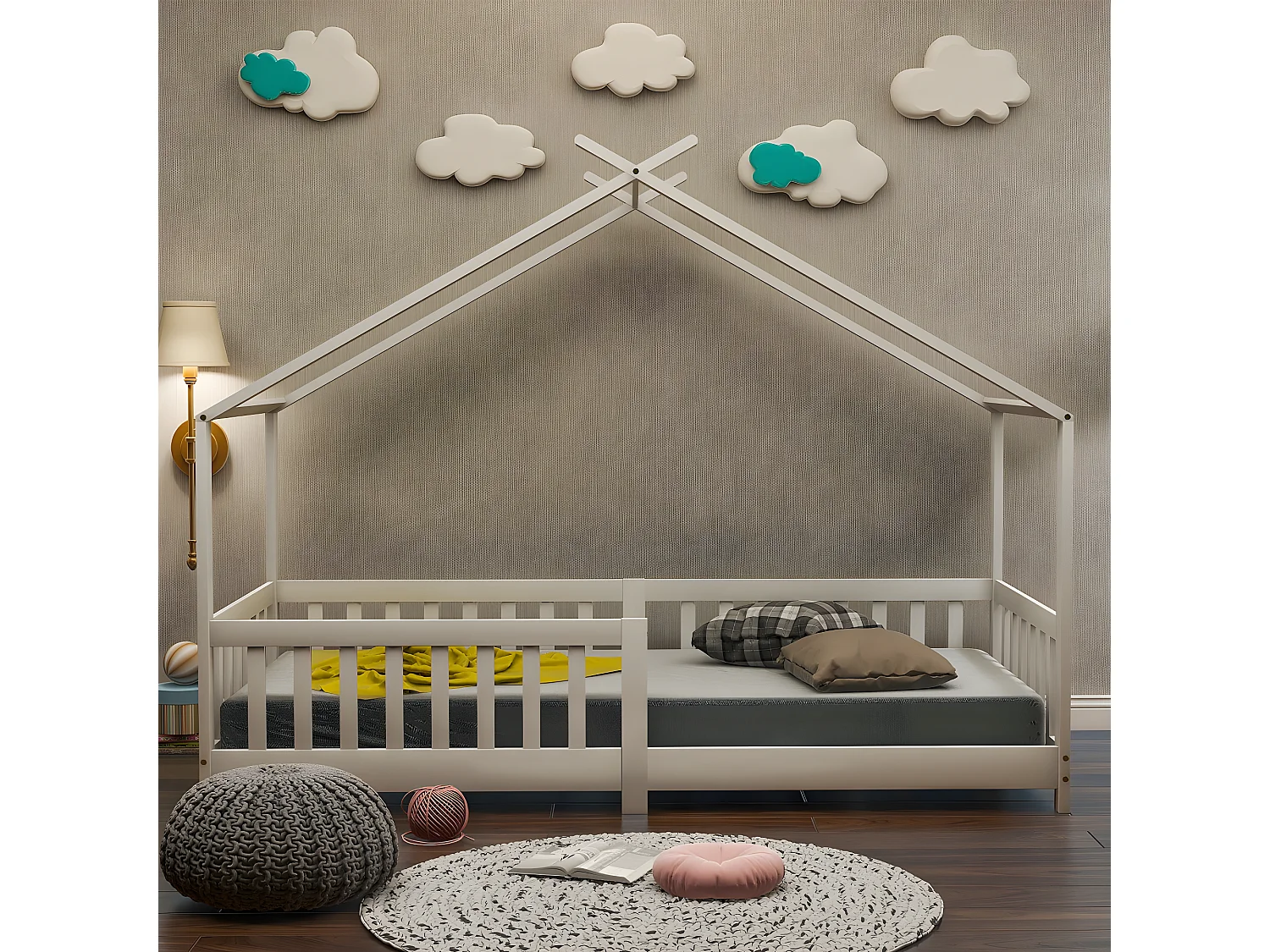 Lit cabane avec grille - Blanc 200x90 cm - Sweiko