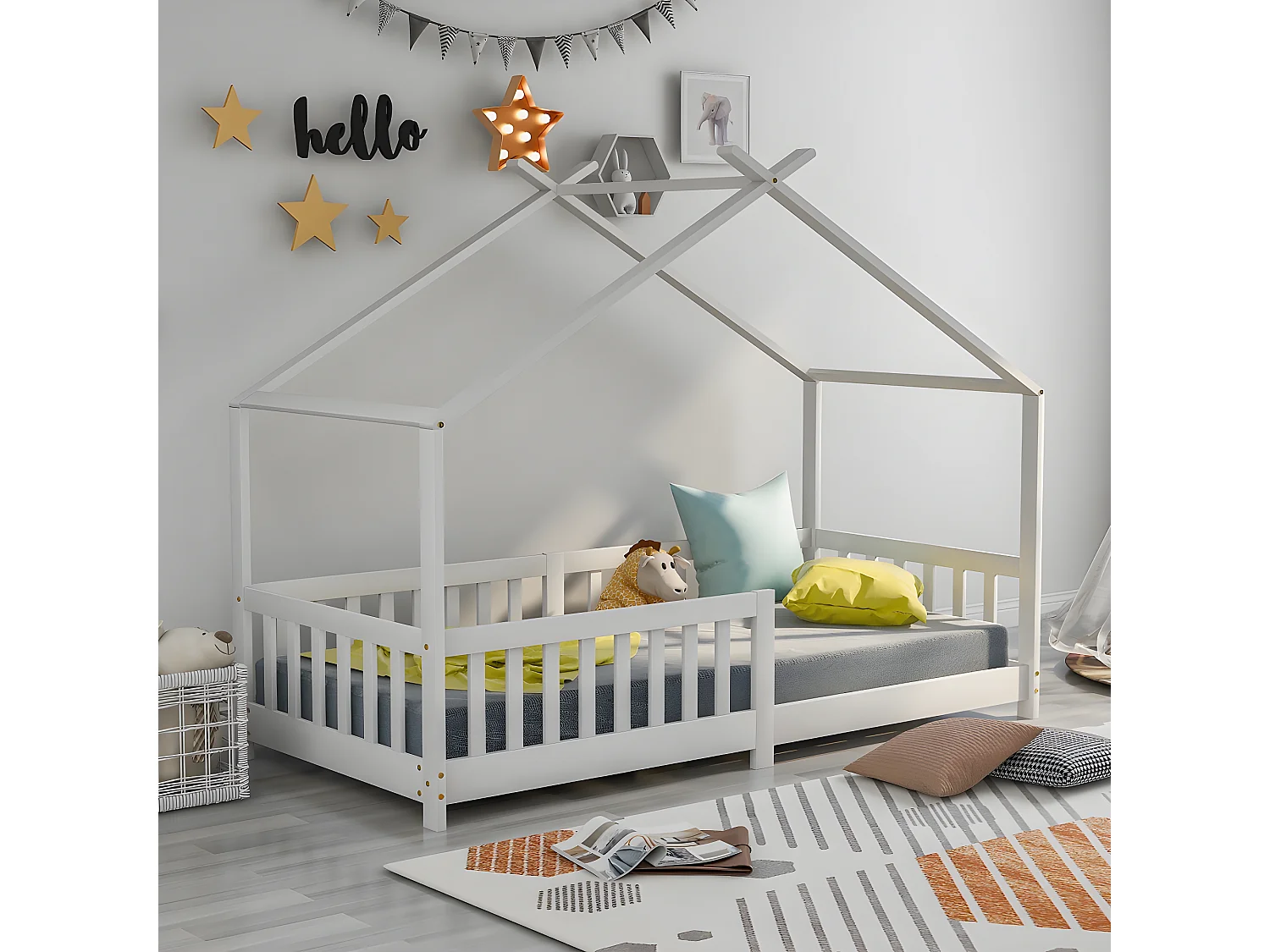 Lit cabane avec grille - Blanc 200x90 cm - Sweiko