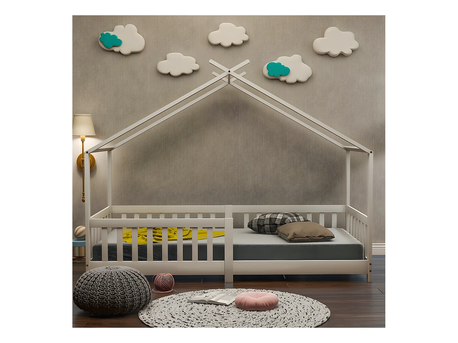 Lit cabane avec grille - Blanc 200x90 cm - Sweiko