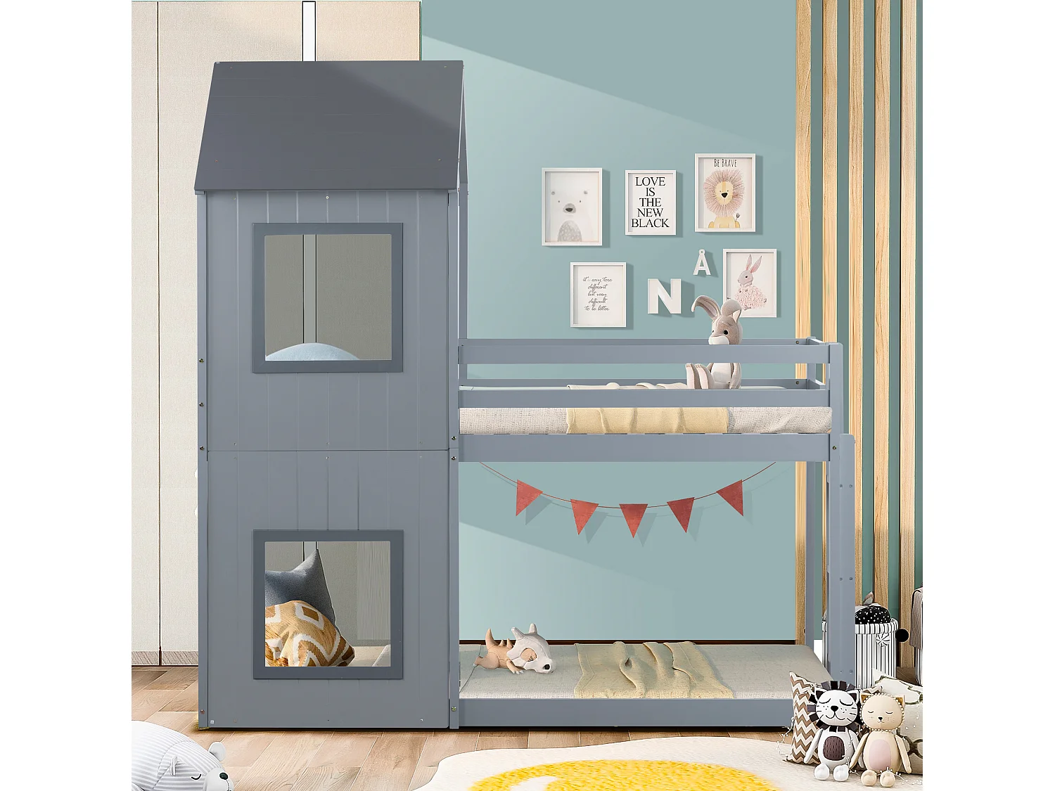 Lit cabane 90x200cm - avec échelle & baldaquin, gris - Sweiko