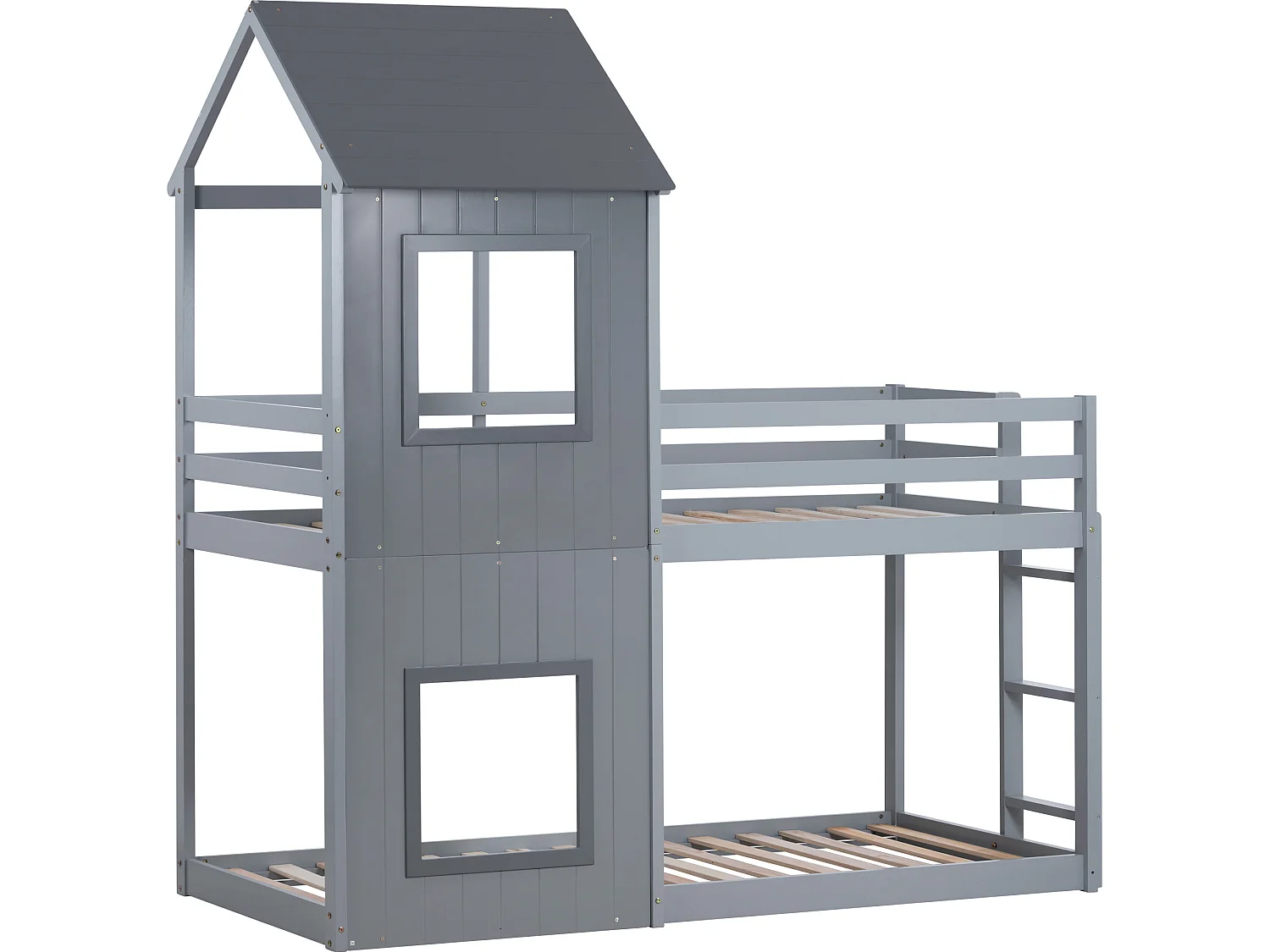 Lit cabane 90x200cm - avec échelle & baldaquin, gris - Sweiko