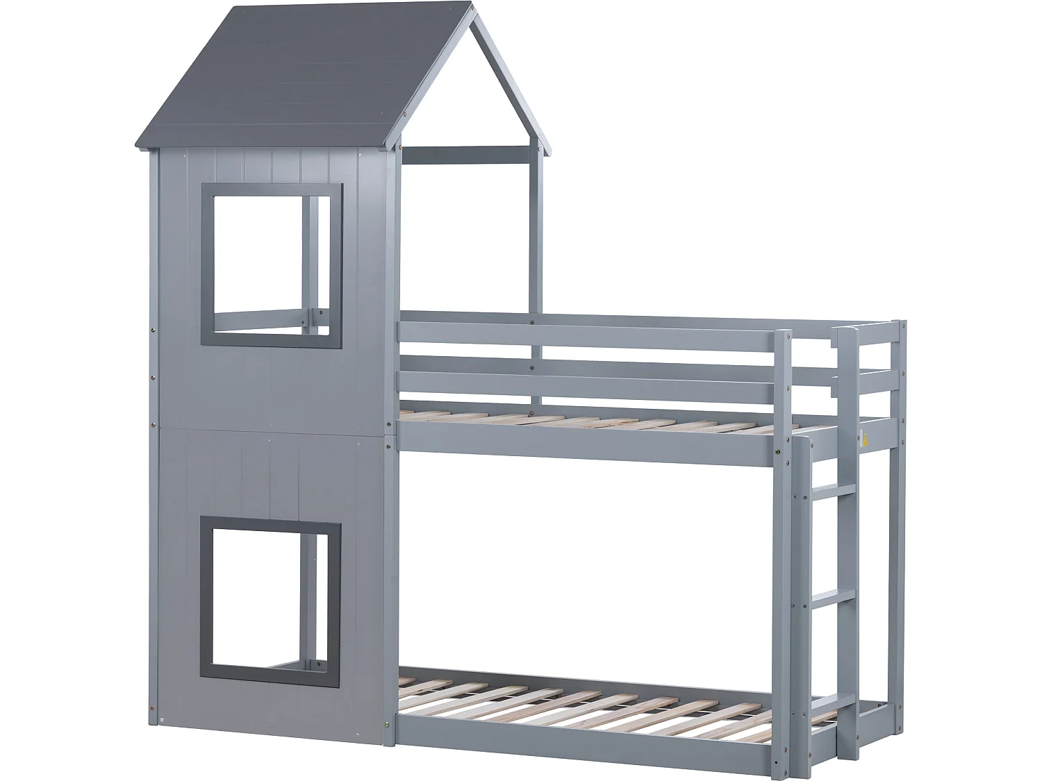 Lit cabane 90x200cm - avec échelle & baldaquin, gris - Sweiko