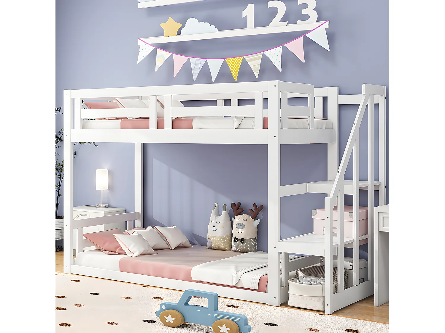 Lit cabane - 90x200 cm - avec escalier de sécurité - blanc - Sweiko