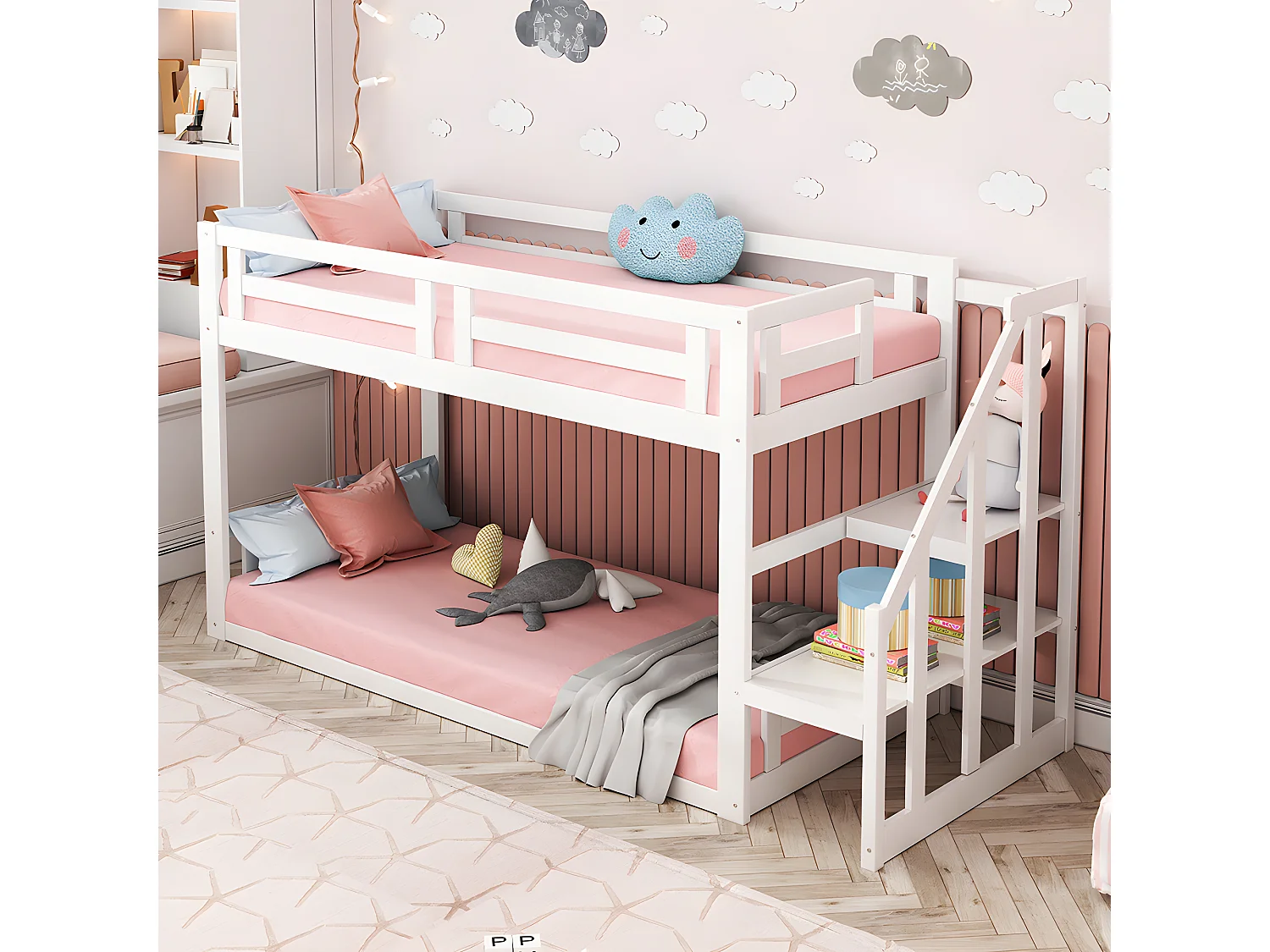 Lit cabane - 90x200 cm - avec escalier de sécurité - blanc - Sweiko