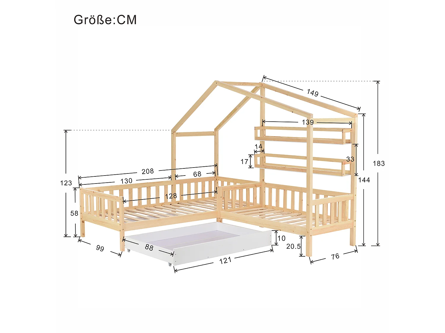 Lit cabane avec tiroirs et étagères, bois massif - naturel - Sweiko